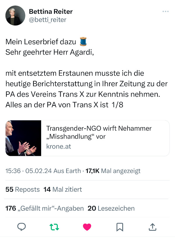 Mein Leserbrief dazu 🧵
Sehr geehrter Herr Agardi,
mit entsetztem Erstaunen musste ich die heutige Berichterstattung in Ihrer Zeitung zu der PA des Vereins Trans X zur Kenntnis nehmen. Alles an der PA von Trans X ist  1/8